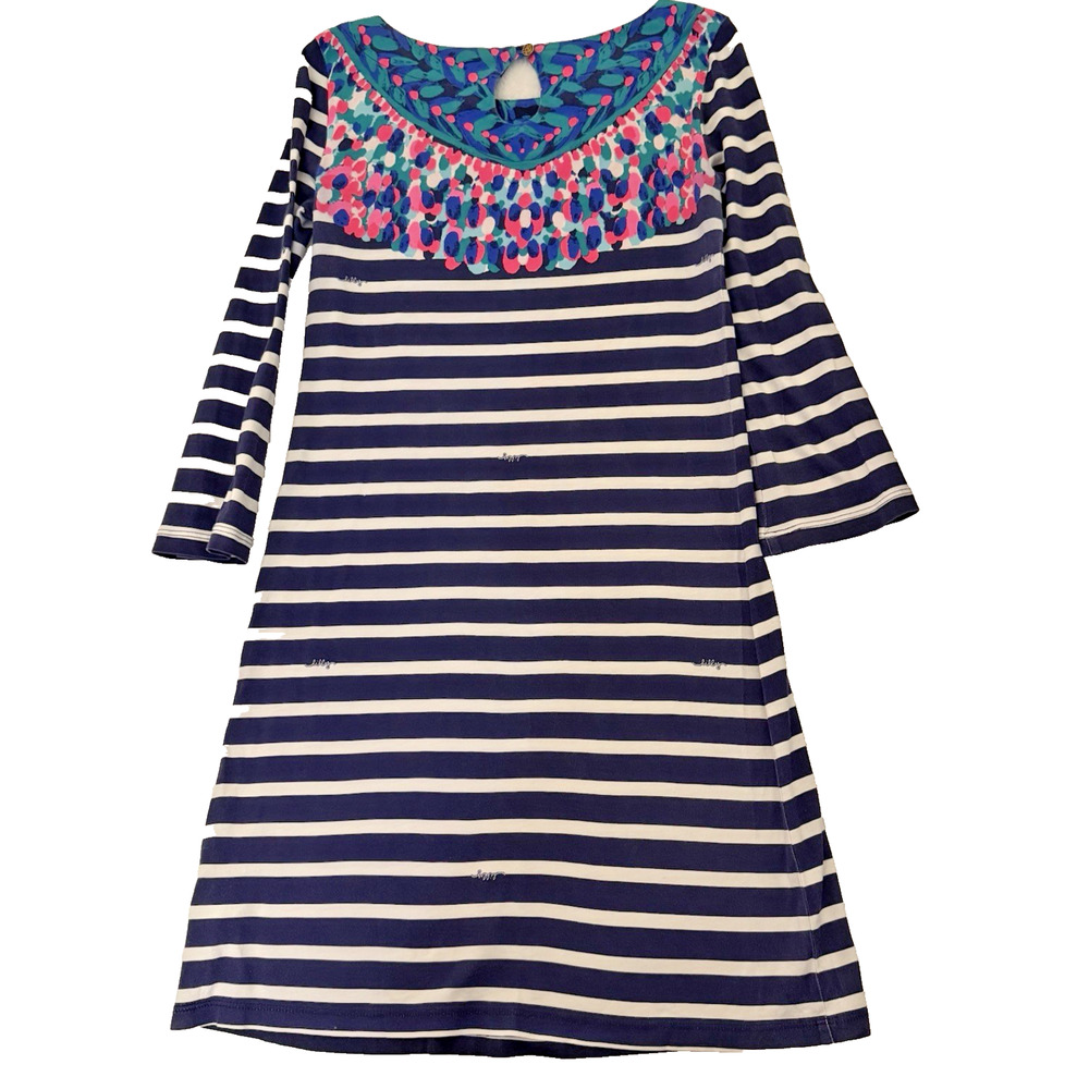 Lilly Pulitzer Bay Dress XXS Bright Navy Island Medallion Stripe Pima Cotton 3/4